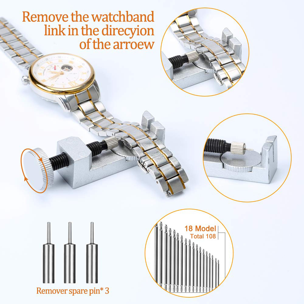 thumbnail image 5 of Ajuste de ajuste del kit de herramientas de reparación de la correa de reloj Pulsera de enlace de la correa del reloj Remover de correa con 3 reemplazo de alfileres adicionales para los relojeros, 5 of 6
